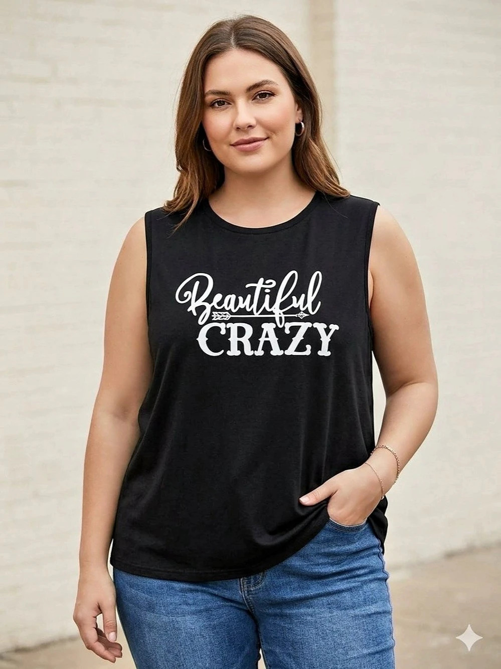 Beautiful Crazy Graphic Sleeveless Black Top XL Casual Tee
